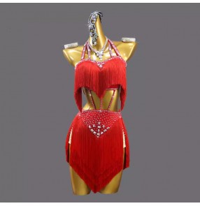 Custom size red fringe competition latin dance dresses for kids children juvenile salsa rumba chacha performance costumes for girls